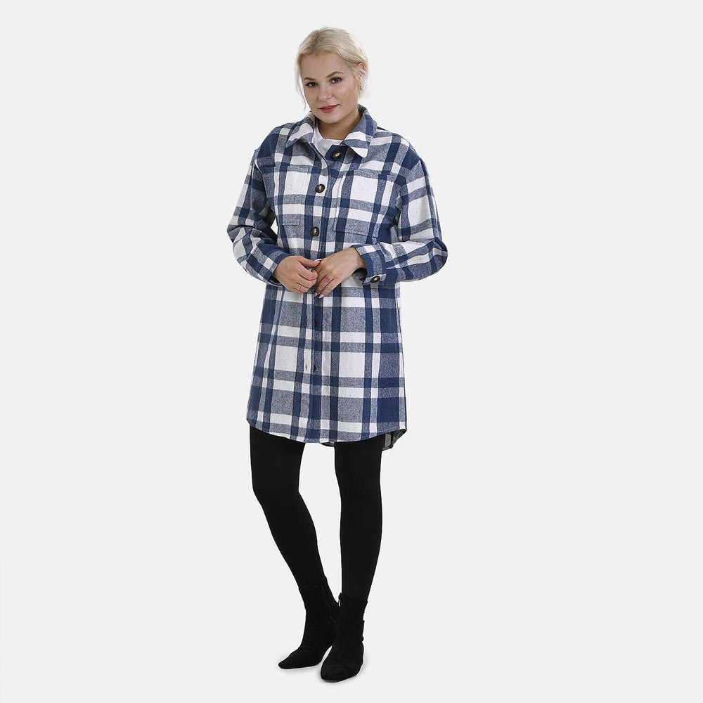 TAMSY Brushed Checked Long Length Shacket (Size XXL) - Blue