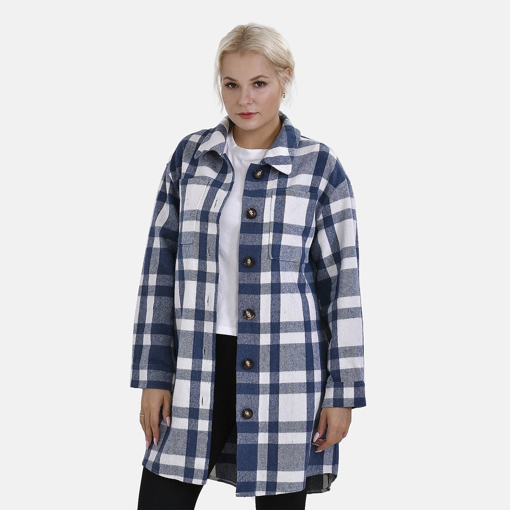 TAMSY Brushed Checked Long Length Shacket (Size XXL) - Blue