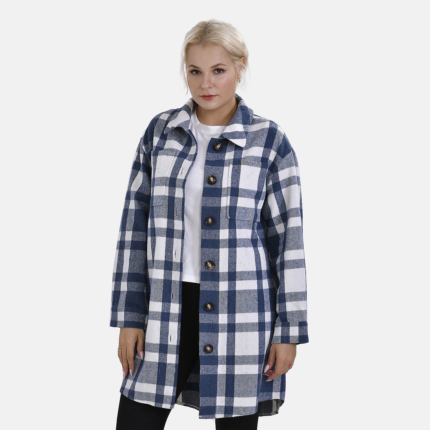 TAMSY Brushed Checked Long Length Shacket (Size XXL) - Blue