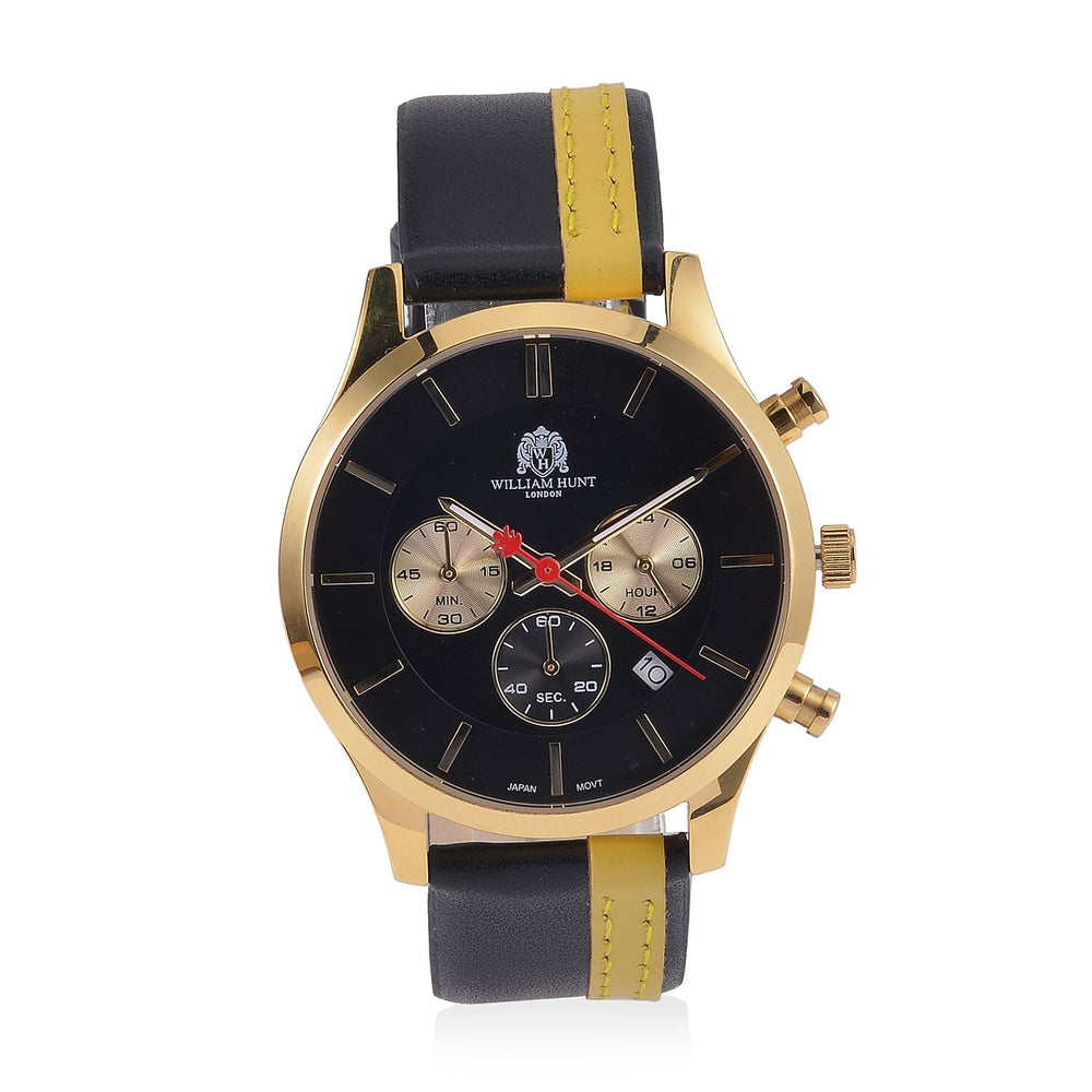 William Hunt Multifunction Japanese Movement 5ATM Watch with Black & Yellow Leather Strap, Mineral Glass