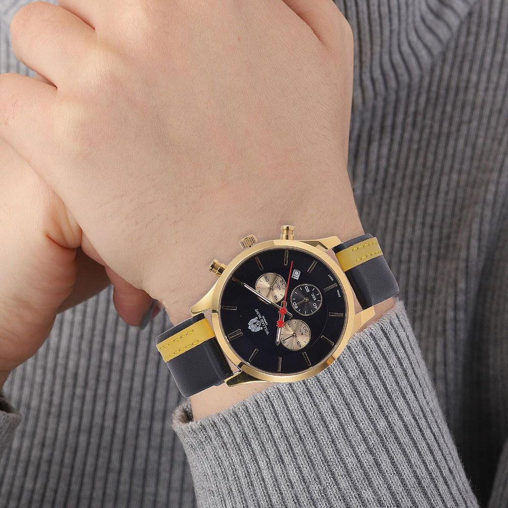 William Hunt Multifunction Japanese Movement 5ATM Watch with Black & Yellow Leather Strap, Mineral Glass