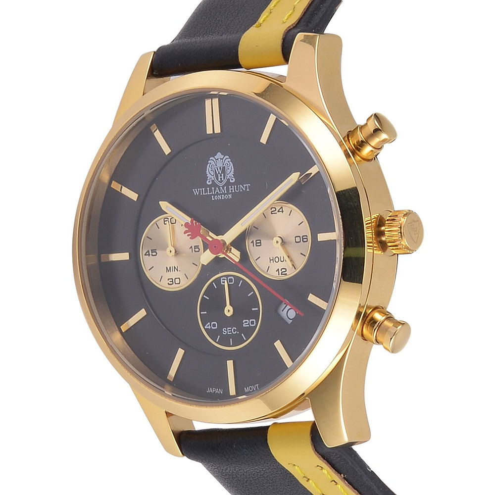 William Hunt Multifunction Japanese Movement 5ATM Watch with Black & Yellow Leather Strap, Mineral Glass