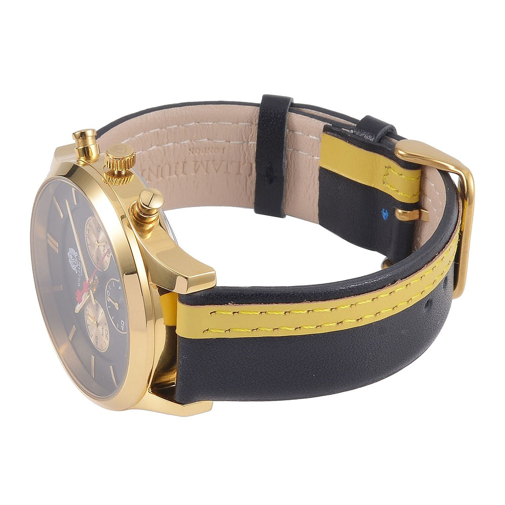 William Hunt Multifunction Japanese Movement 5ATM Watch with Black & Yellow Leather Strap, Mineral Glass