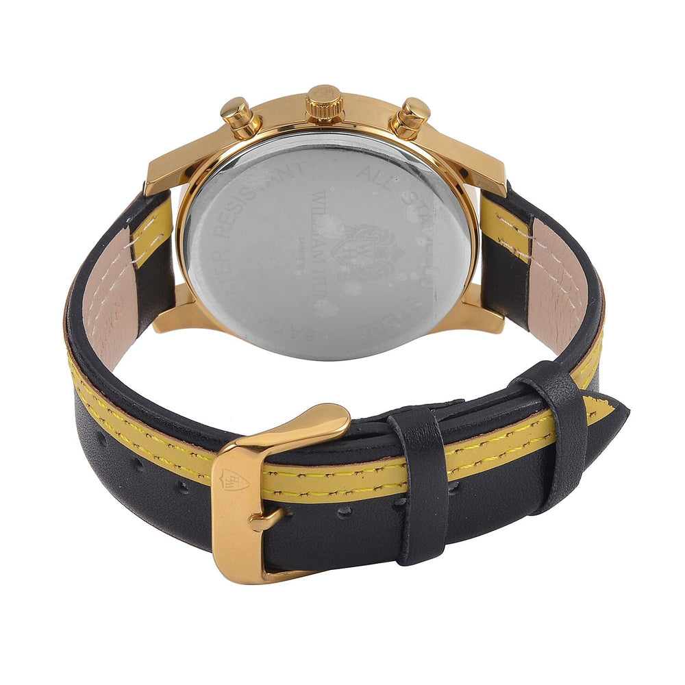 William Hunt Multifunction Japanese Movement 5ATM Watch with Black & Yellow Leather Strap, Mineral Glass