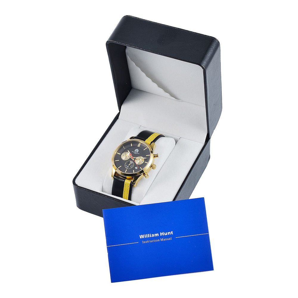 William Hunt Multifunction Japanese Movement 5ATM Watch with Black & Yellow Leather Strap, Mineral Glass