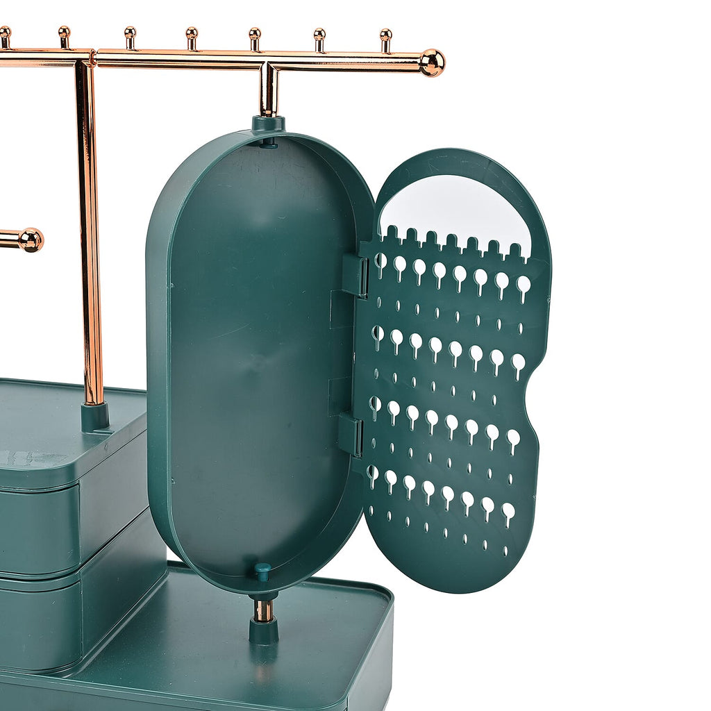 Tiered Tower Jewelry Holder with 360 Rotating Mirror & 3 Layer Drawer (Size 25x15x37 cm) - Green