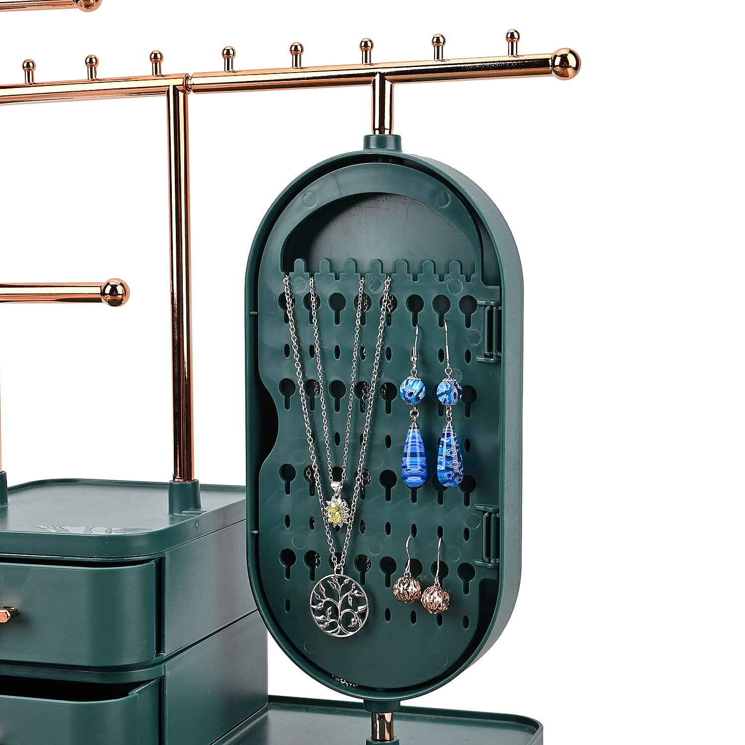 Tiered Tower Jewelry Holder with 360 Rotating Mirror & 3 Layer Drawer (Size 25x15x37 cm) - Green