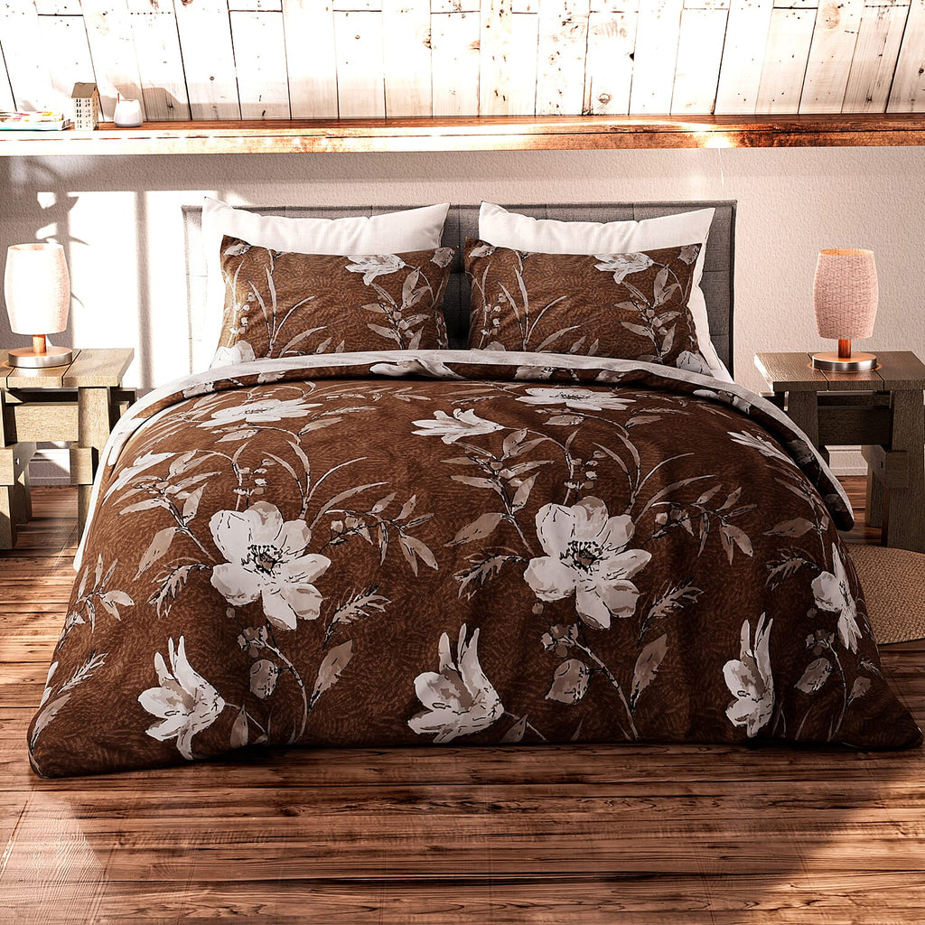 3 Piece Set - Floral Pattern Duvet Cover with 2 Pillow Cases (Double Size 200x200 cm) - Brown