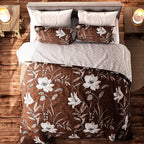 3 Piece Set - Floral Pattern Duvet Cover with 2 Pillow Cases (Double Size 200x200 cm) - Brown