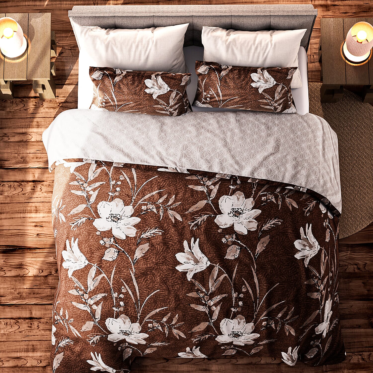 3 Piece Set - Floral Pattern Duvet Cover with 2 Pillow Cases (Double Size 200x200 cm) - Brown