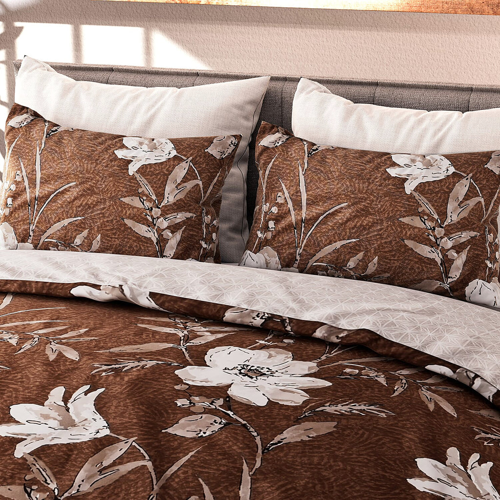 3 Piece Set - Floral Pattern Duvet Cover with 2 Pillow Cases (Double Size 200x200 cm) - Brown