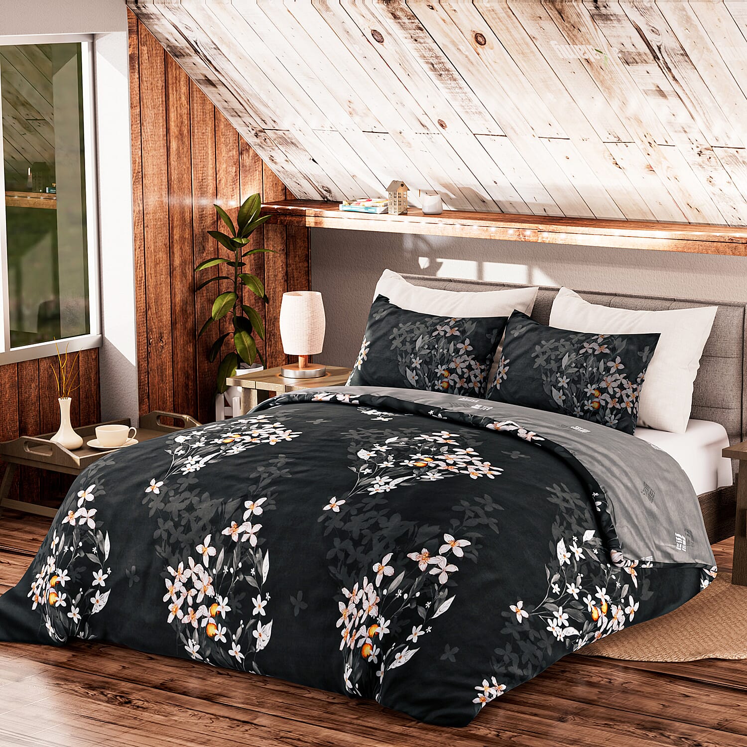 Polyester Printed Duvet Cover (Size 225x1 cm) - Charcoal & Grey