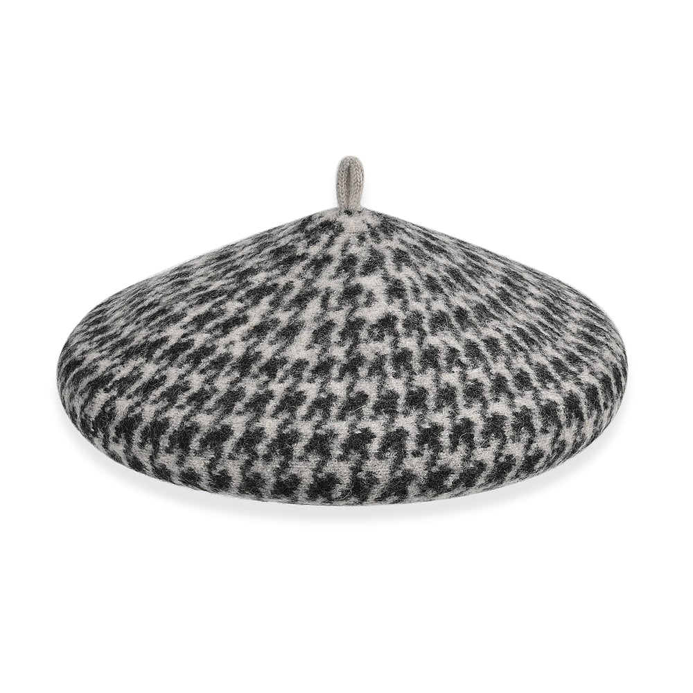 Woollen Houndstooth Pattern Beret Cap - Black (90% Wool)