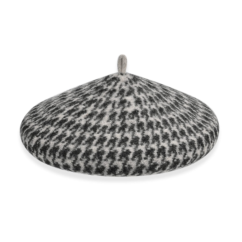 Woollen Houndstooth Pattern Beret Cap - Black (90% Wool)