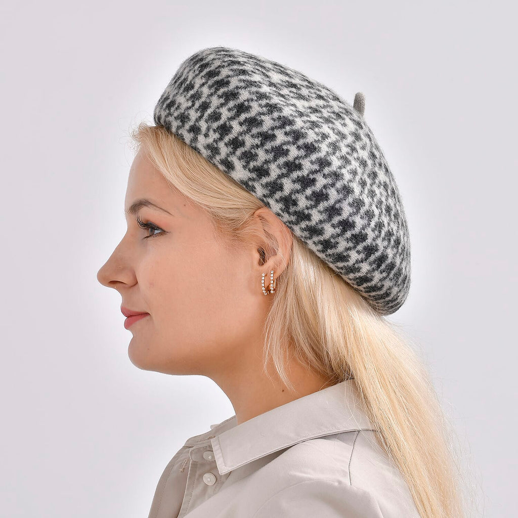 Woollen Houndstooth Pattern Beret Cap - Black (90% Wool)