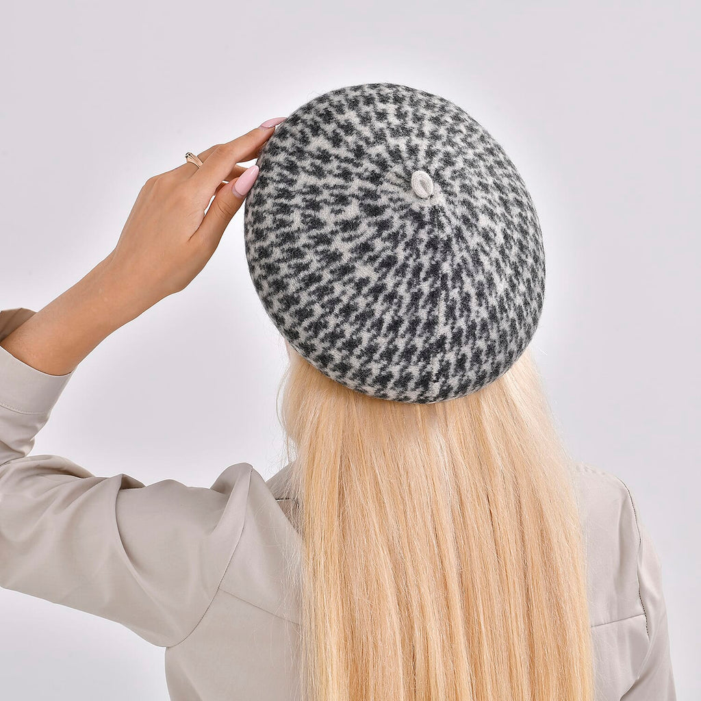 Woollen Houndstooth Pattern Beret Cap - Black (90% Wool)