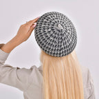 Woollen Houndstooth Pattern Beret Cap - Black (90% Wool)