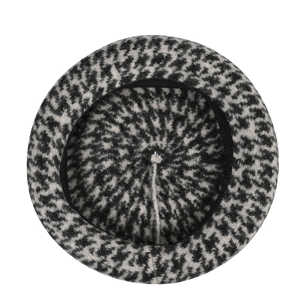Woollen Houndstooth Pattern Beret Cap - Black (90% Wool)