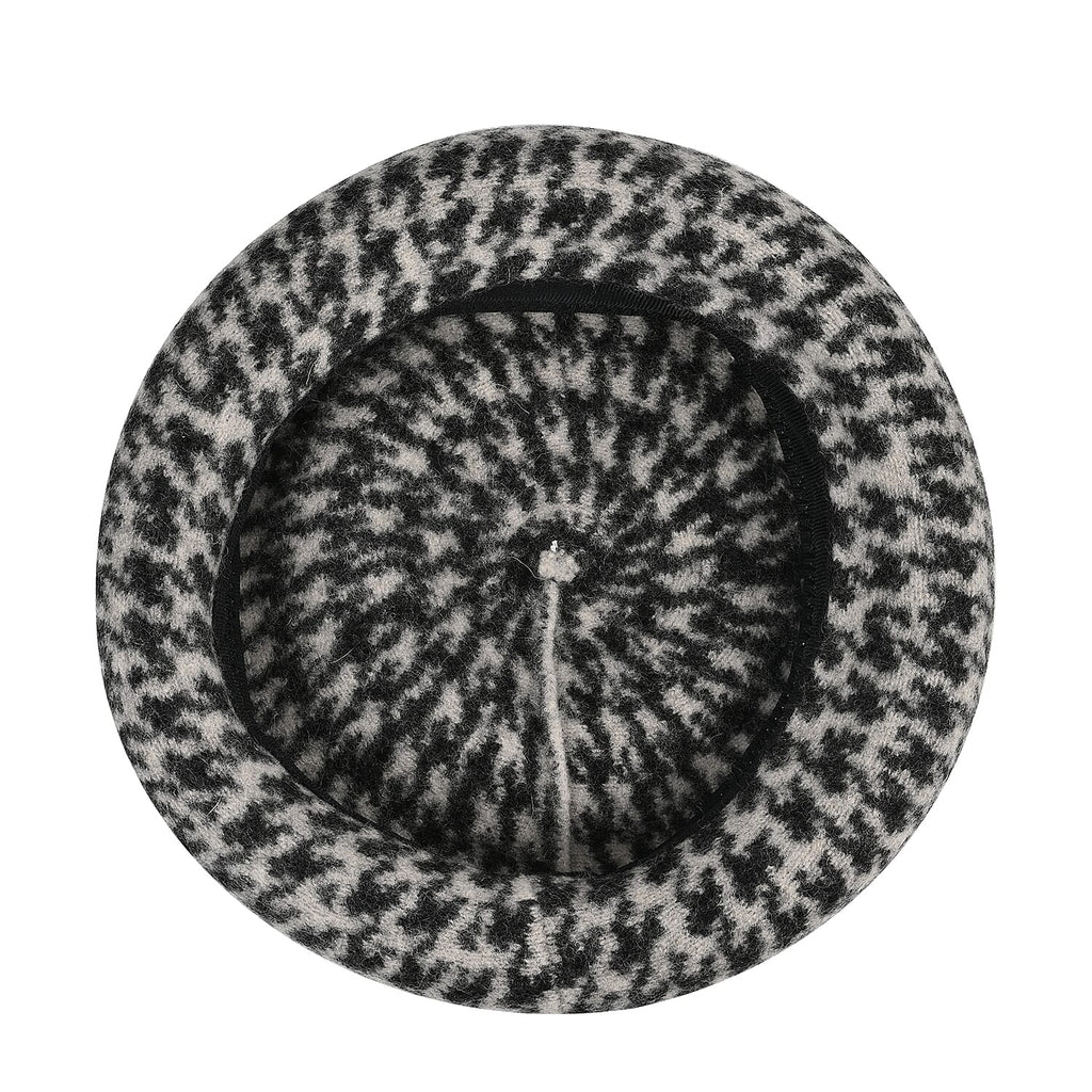 Woollen Houndstooth Pattern Beret Cap - Black (90% Wool)
