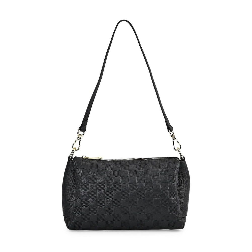 Genuine Leather Checker Crossbody Bag (Size 27x11x17 cm) - Black & Black