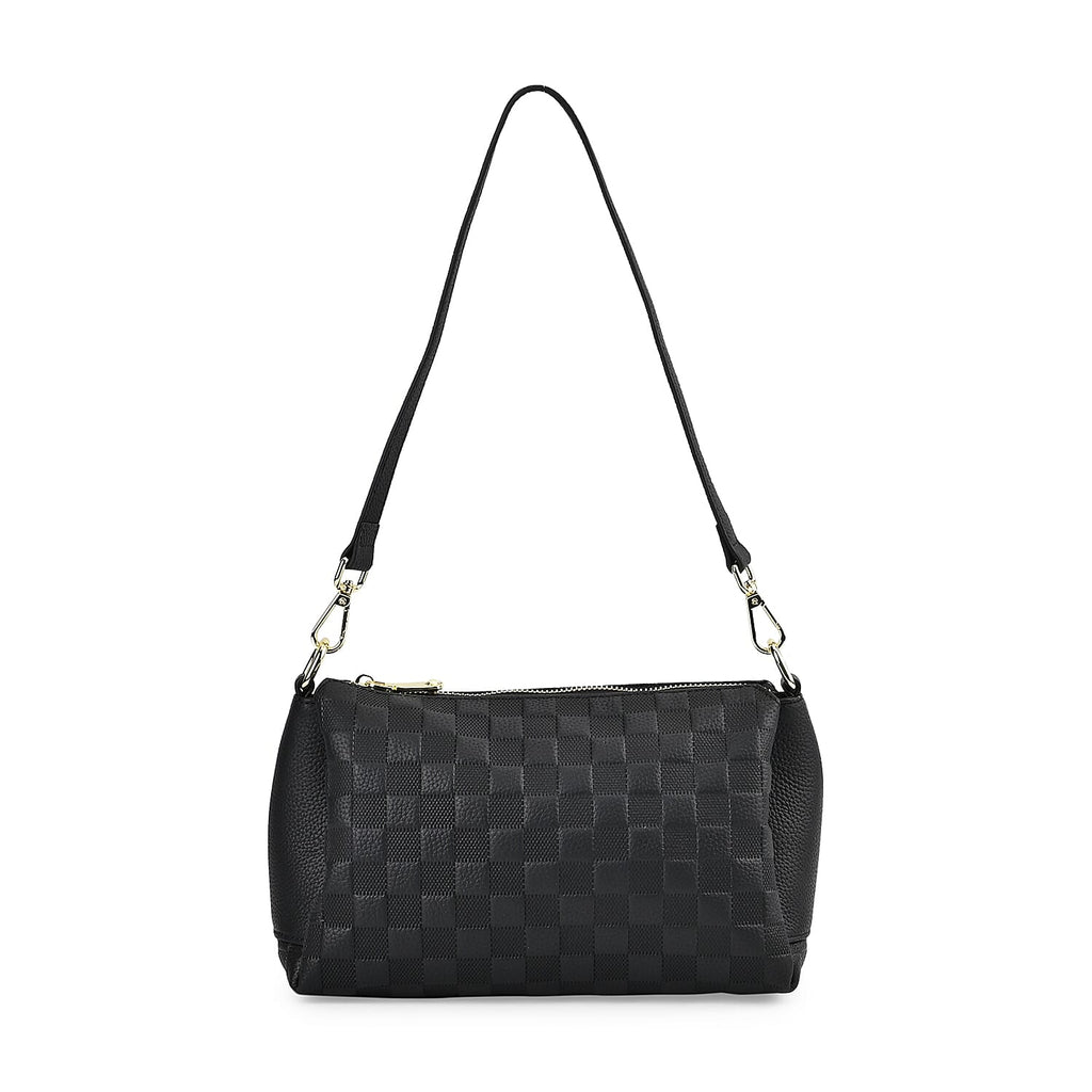 Genuine Leather Checker Crossbody Bag (Size 27x11x17 cm) - Black & Black