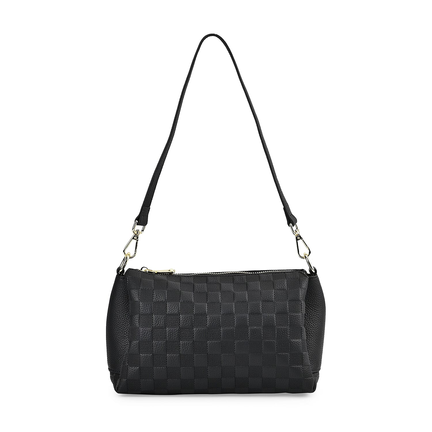 Genuine Leather Checker Crossbody Bag (Size 27x11x17 cm) - Black & Black