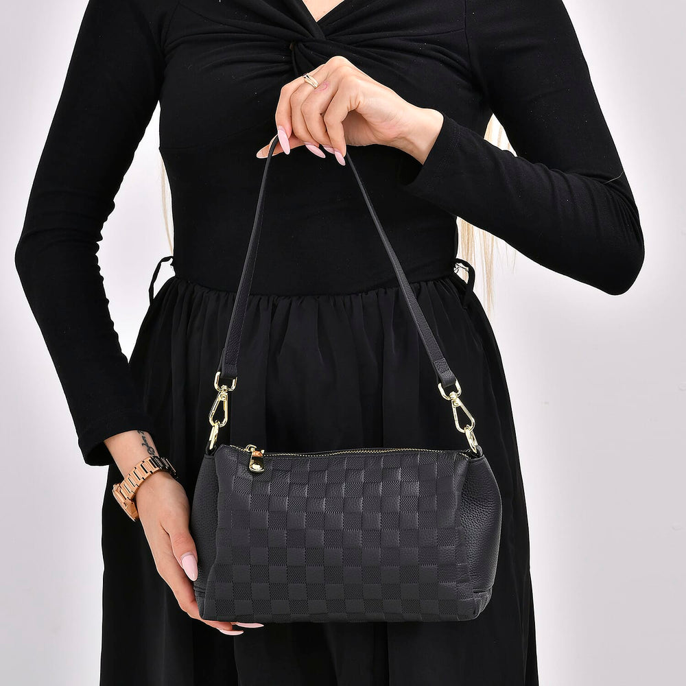 Genuine Leather Checker Crossbody Bag (Size 27x11x17 cm) - Black & Black