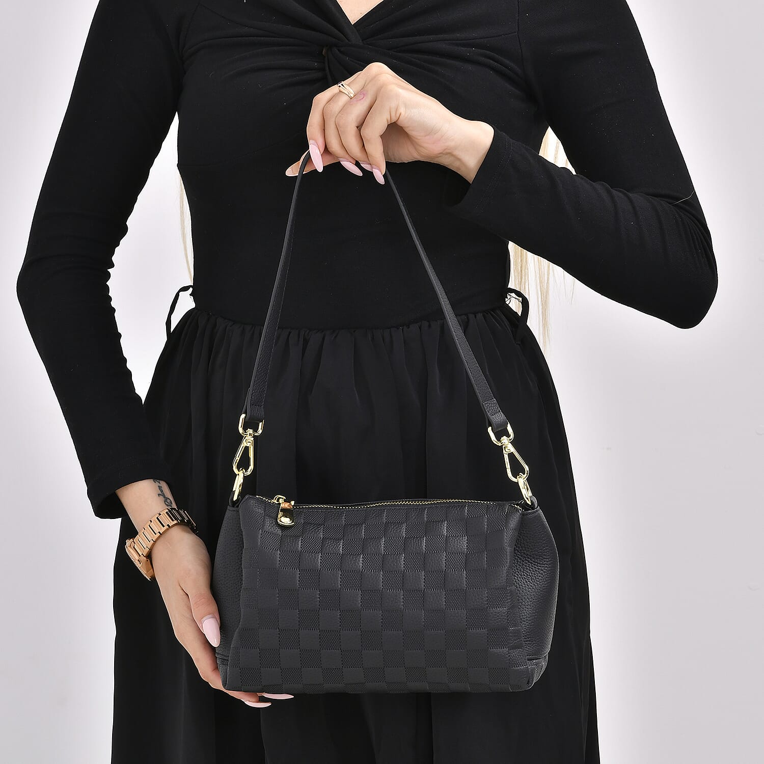 Genuine Leather Checker Crossbody Bag (Size 27x11x17 cm) - Black & Black