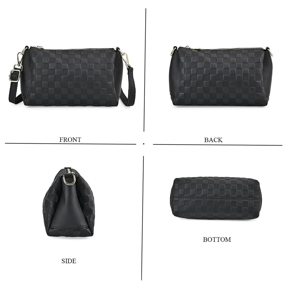 Genuine Leather Checker Crossbody Bag (Size 27x11x17 cm) - Black & Black