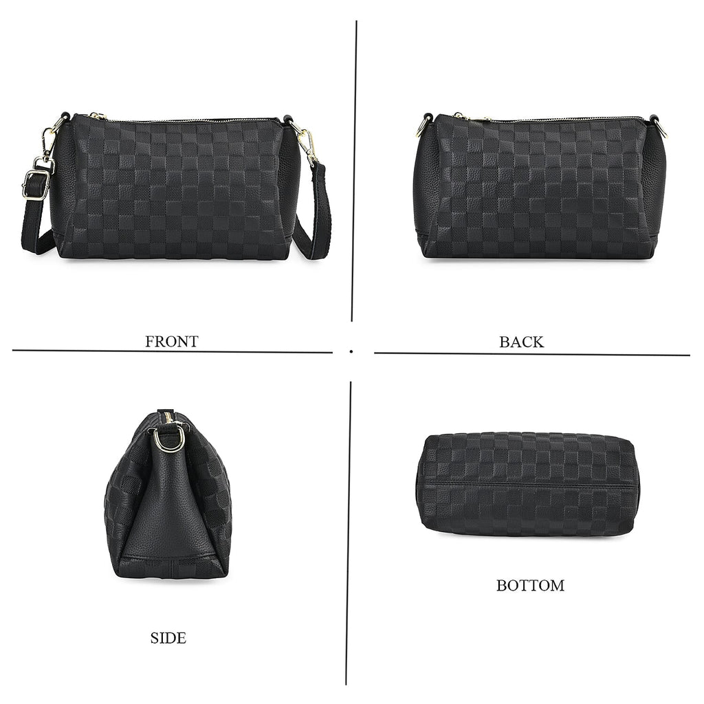Genuine Leather Checker Crossbody Bag (Size 27x11x17 cm) - Black & Black
