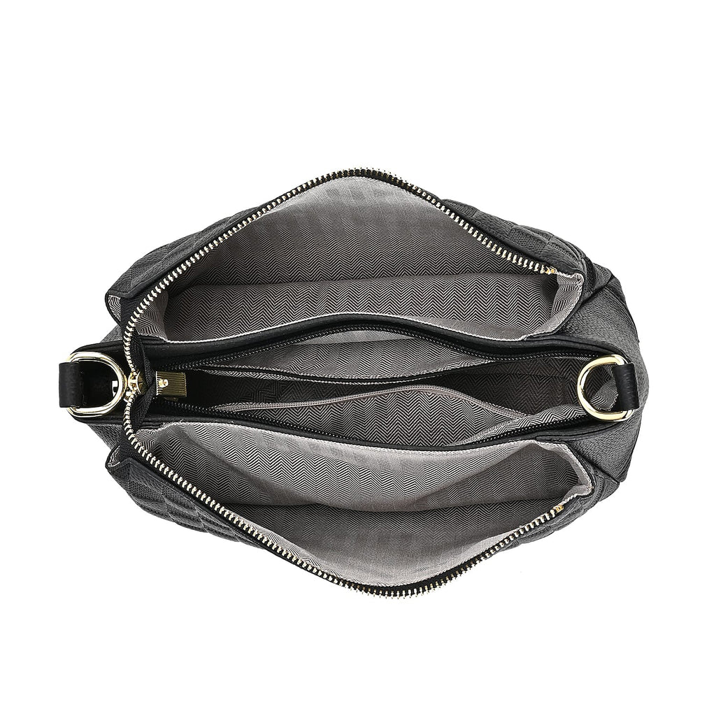 Genuine Leather Checker Crossbody Bag (Size 27x11x17 cm) - Black & Black