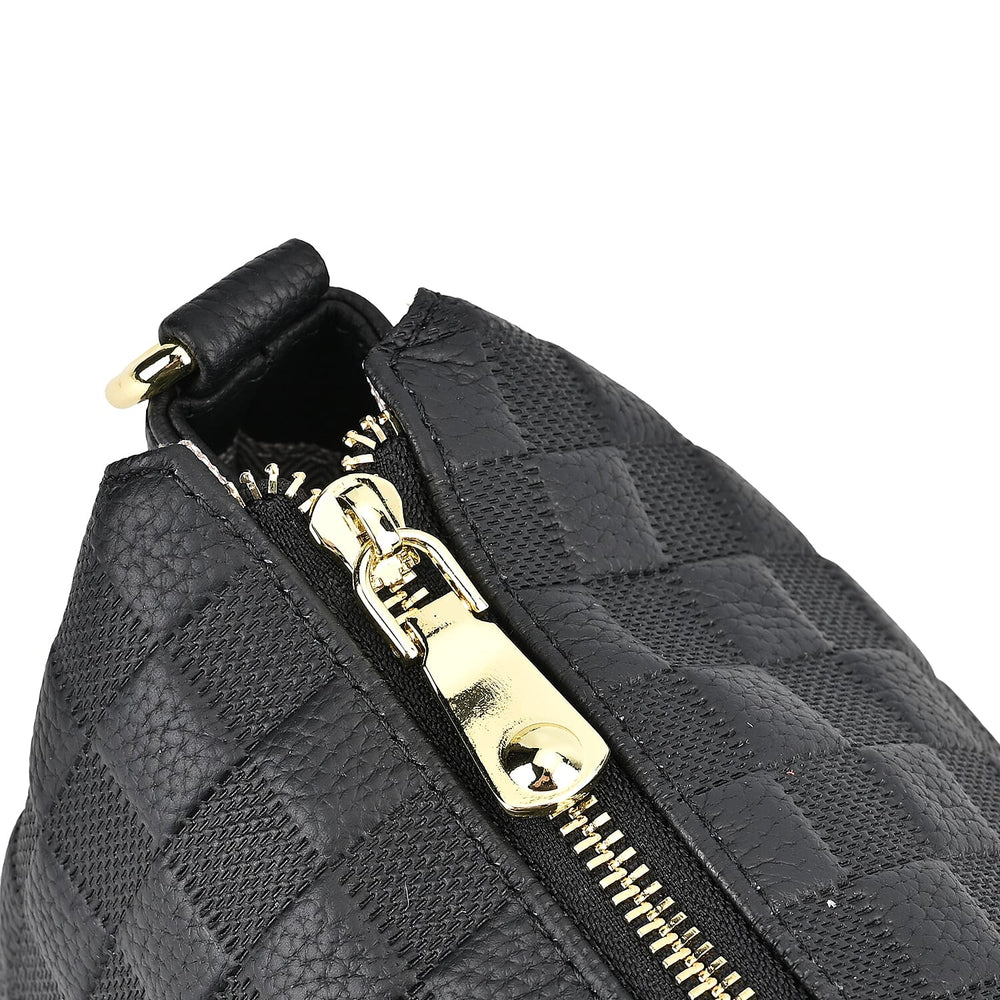 Genuine Leather Checker Crossbody Bag (Size 27x11x17 cm) - Black & Black