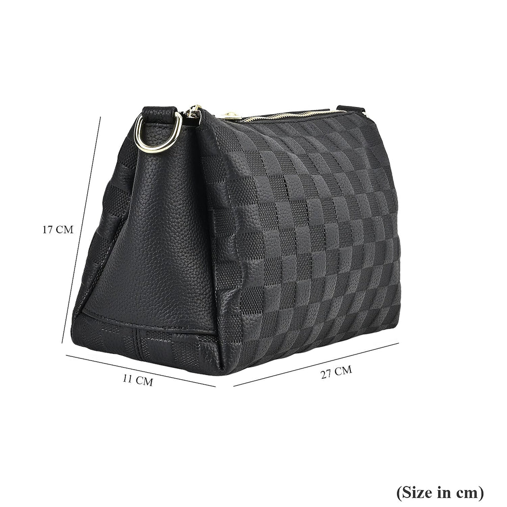 Genuine Leather Checker Crossbody Bag (Size 27x11x17 cm) - Black & Black