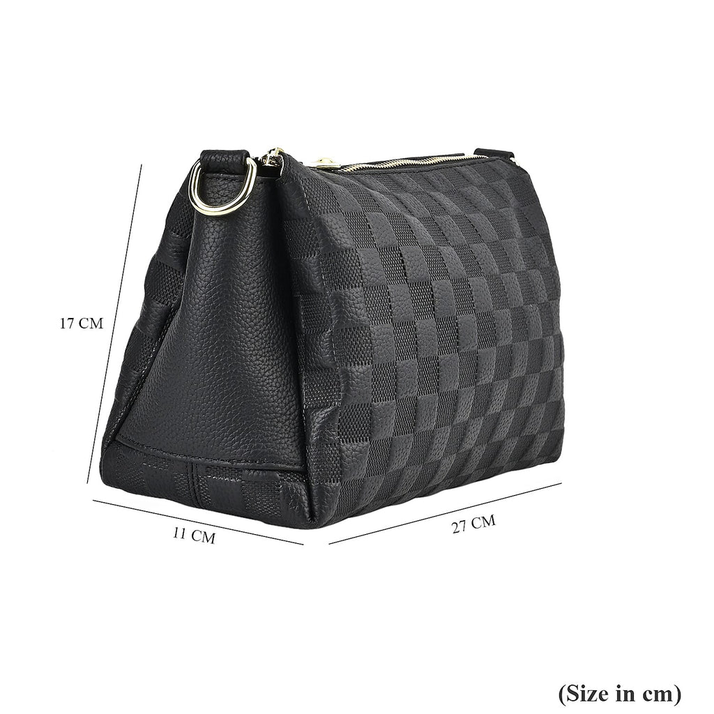 Genuine Leather Checker Crossbody Bag (Size 27x11x17 cm) - Black & Black