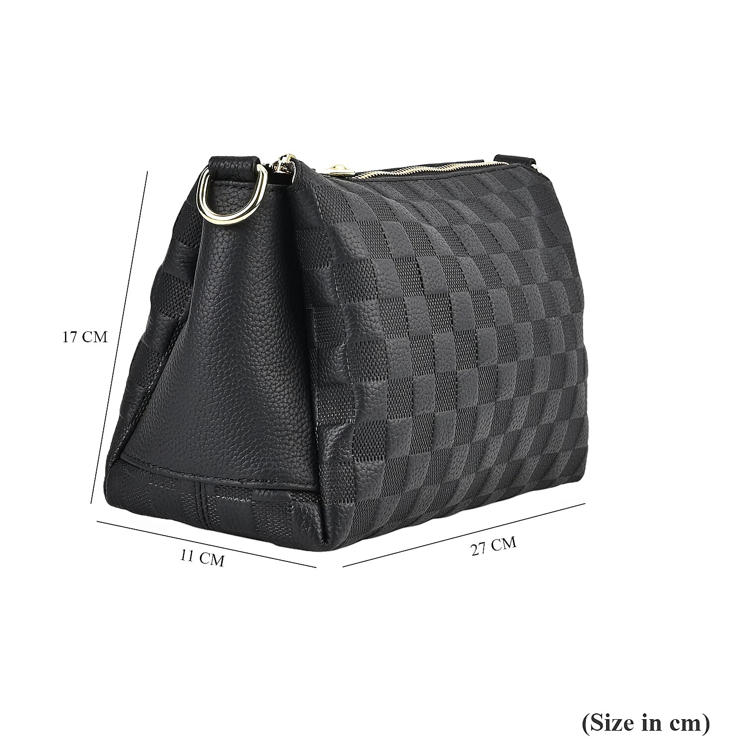 Genuine Leather Checker Crossbody Bag (Size 27x11x17 cm) - Black & Black