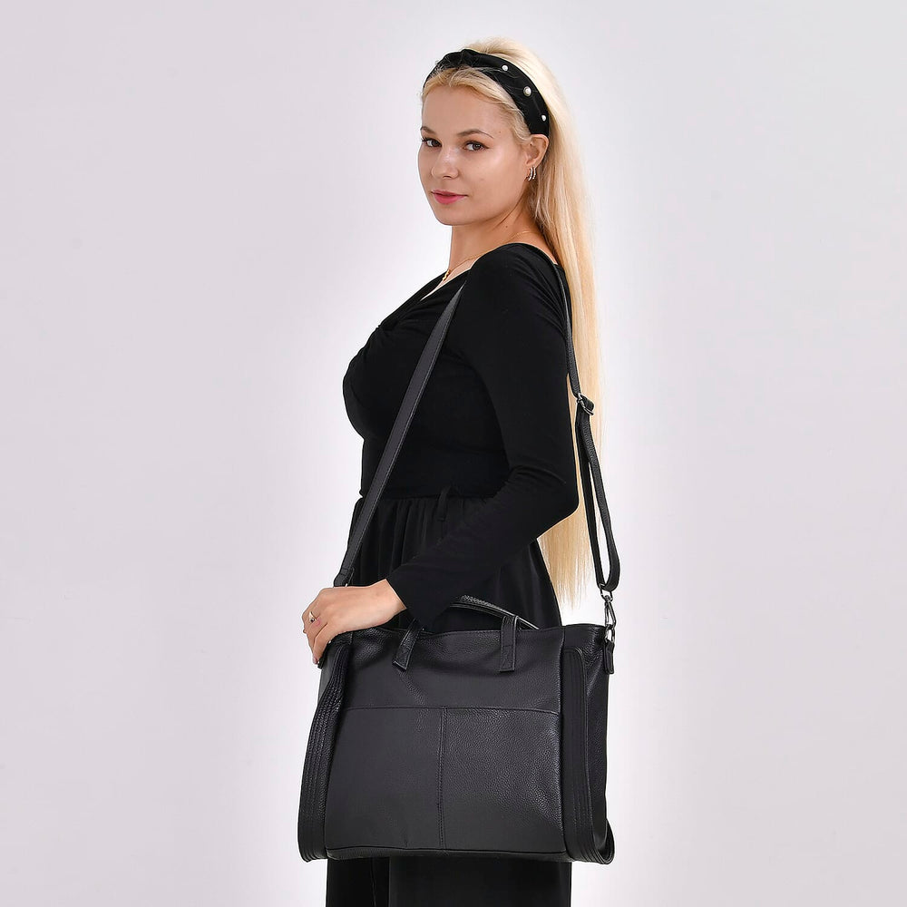 Premium Full Grain 100% Genuine Leather Tote Bag - Black