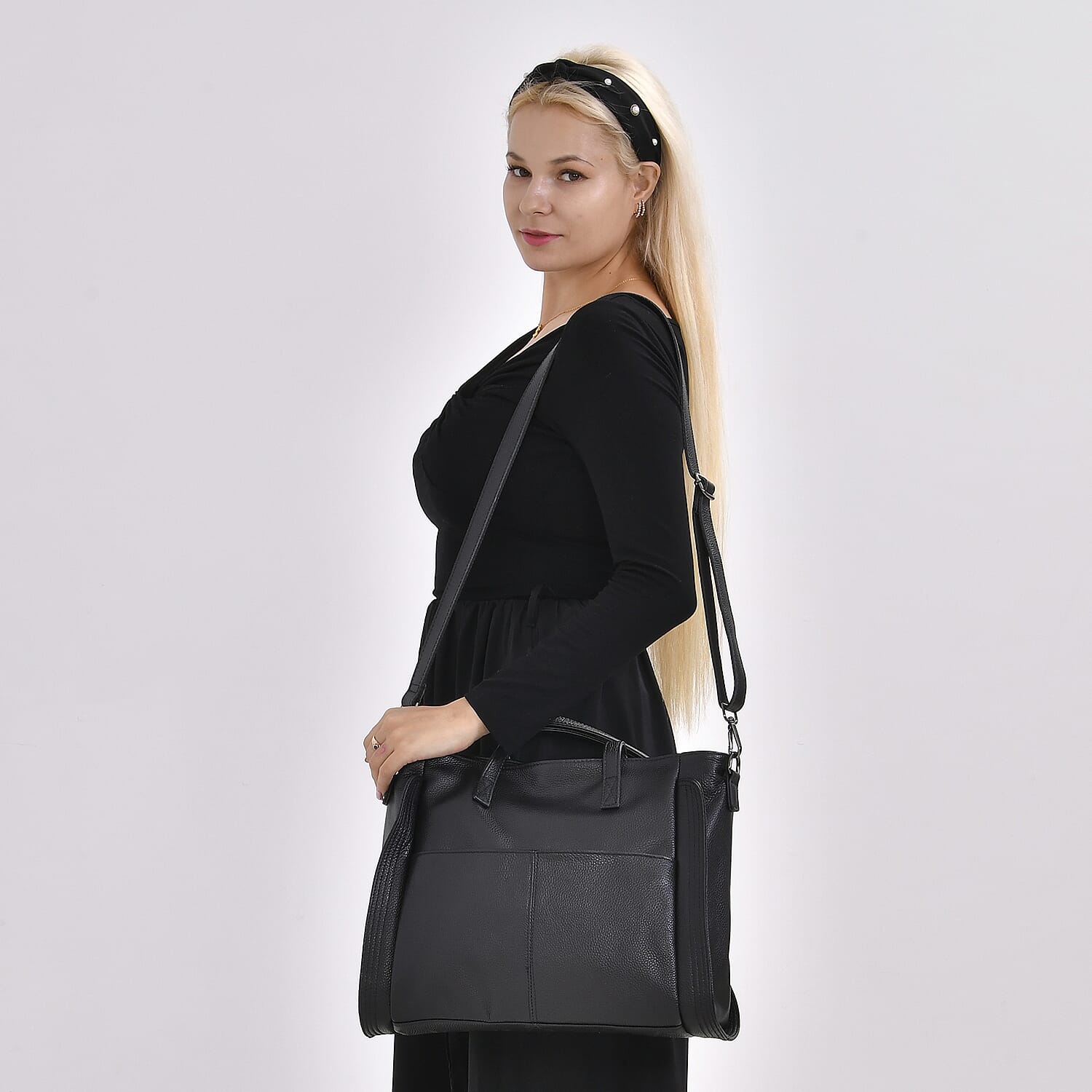 Premium Full Grain 100% Genuine Leather Tote Bag - Black