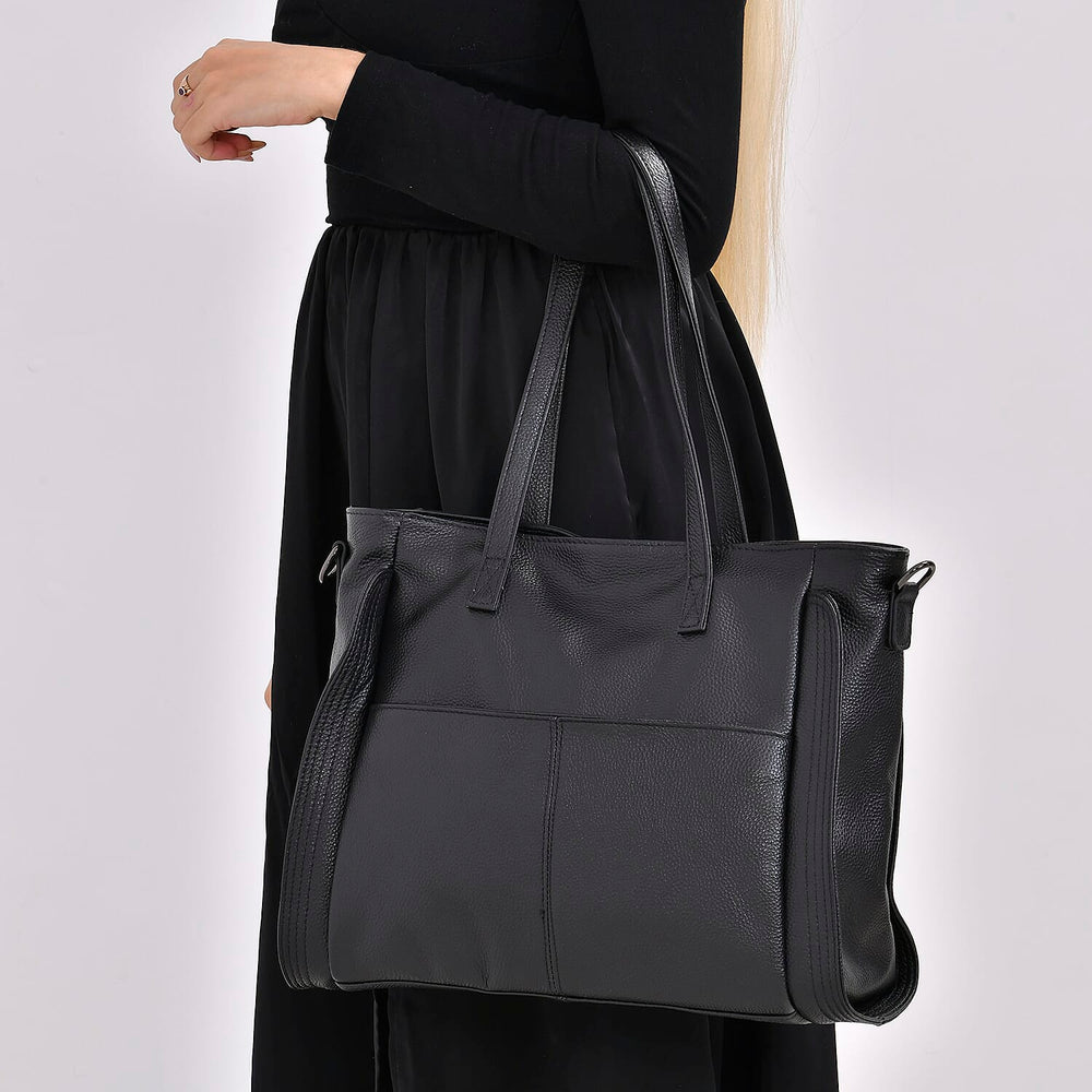 Premium Full Grain 100% Genuine Leather Tote Bag - Black