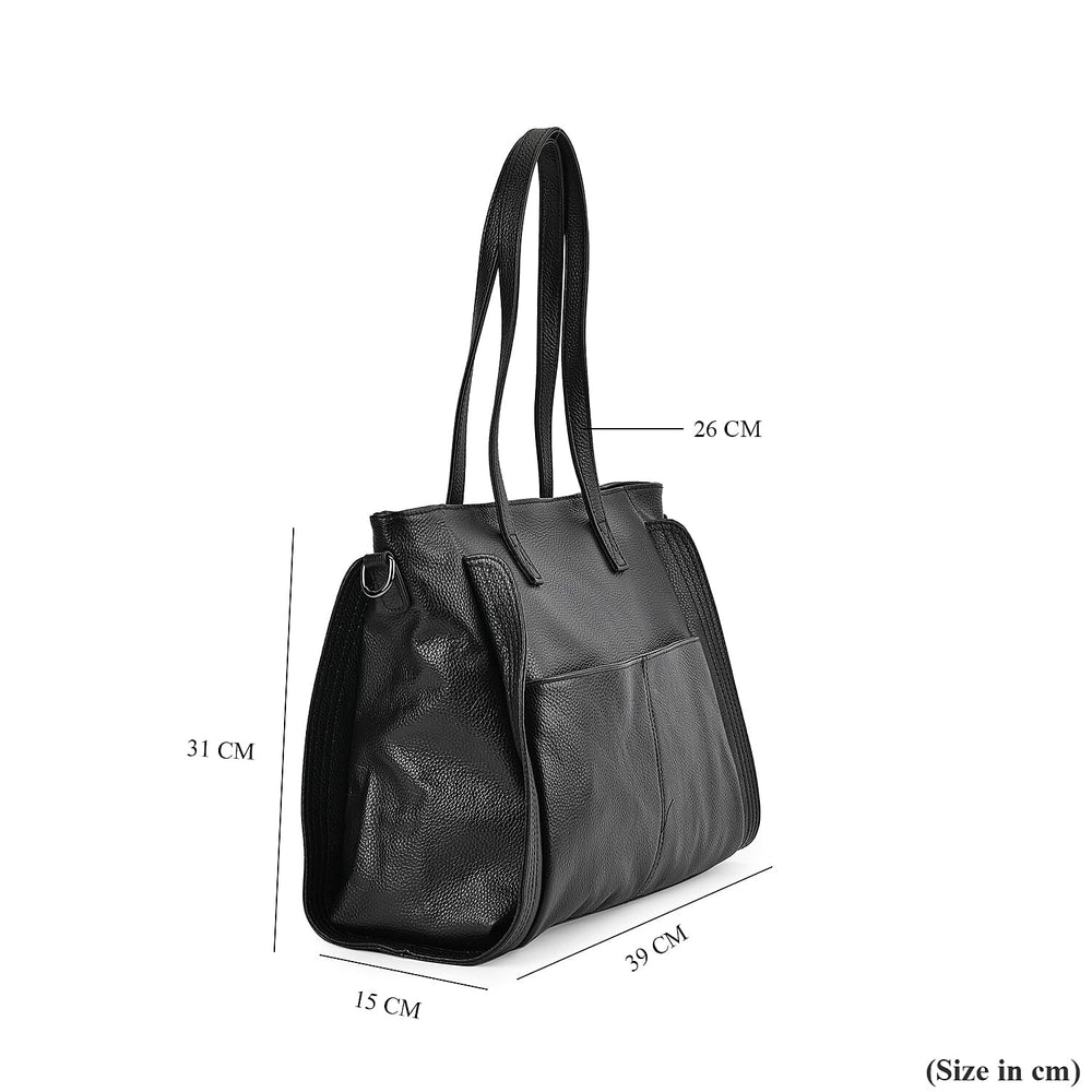 Premium Full Grain 100% Genuine Leather Tote Bag - Black