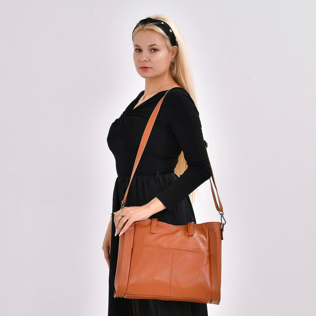 Premium Full Grain 100% Genuine Leather Tote Bag - Tan