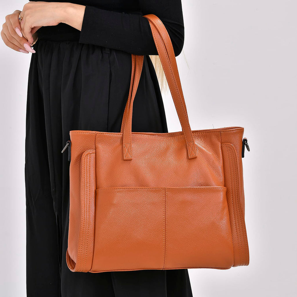 Premium Full Grain 100% Genuine Leather Tote Bag - Tan