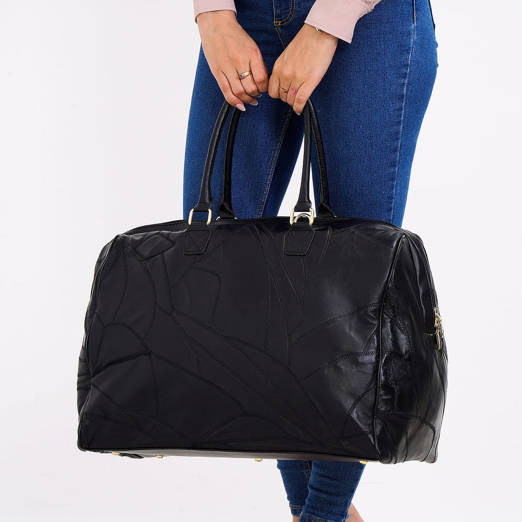 100% Genuine Leather DUFFLE Bag With Detachable Shoulder Strap - Black