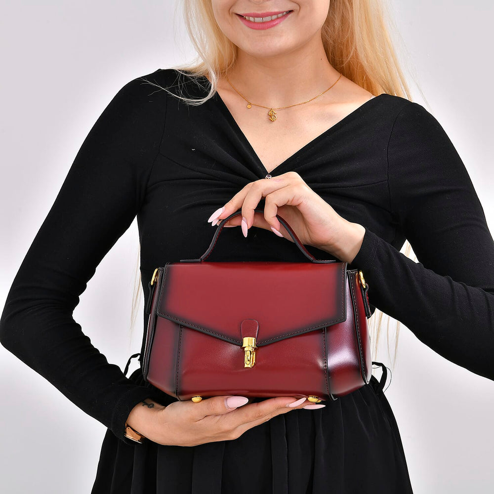 Designer Close Out - Genuine Leather Crossbody Bag with Shoulder Strap & Exterior Zipped Pocket - Burgundy