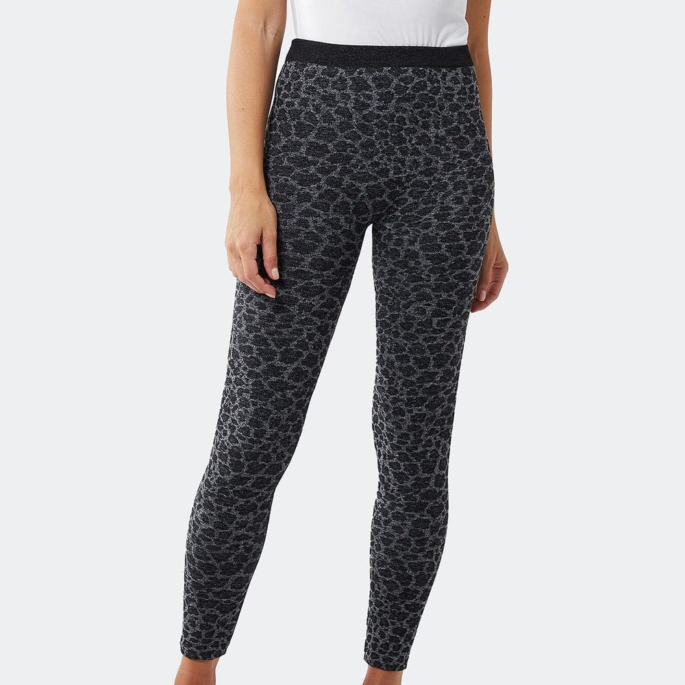 Leopard Pattern Jacquard Fleece Lined Leggings (Size S) - Grey - Black