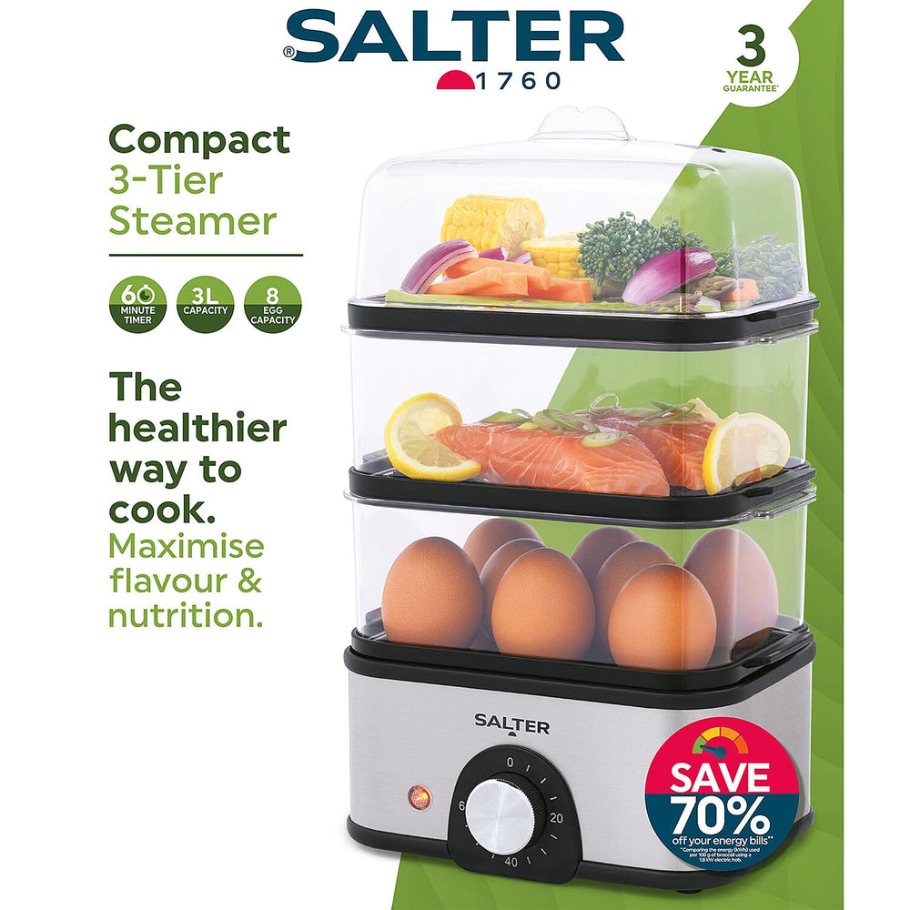 SALTER Compact 3-Tier Food Steamer (3 Steam Basketx3L)
