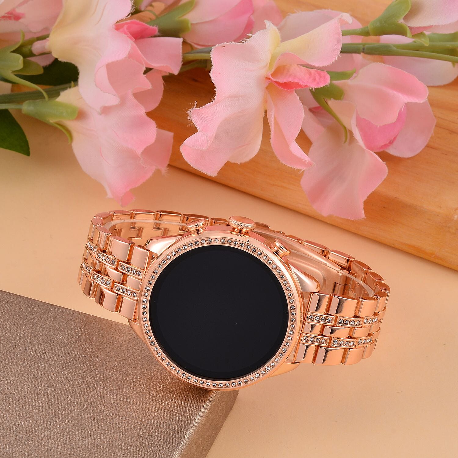 LIQUIDATION DEAL- Rose Gold Dial Crystal Studded Smartwatch with Daily Fit App & 4 Piece Different Spare Straps (Compatible with Android 5, Apple iOS 9 or Above)