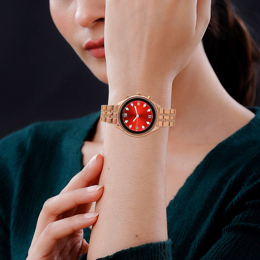 LIQUIDATION DEAL- Rose Gold Dial Crystal Studded Smartwatch with Daily Fit App & 4 Piece Different Spare Straps (Compatible with Android 5, Apple iOS 9 or Above)