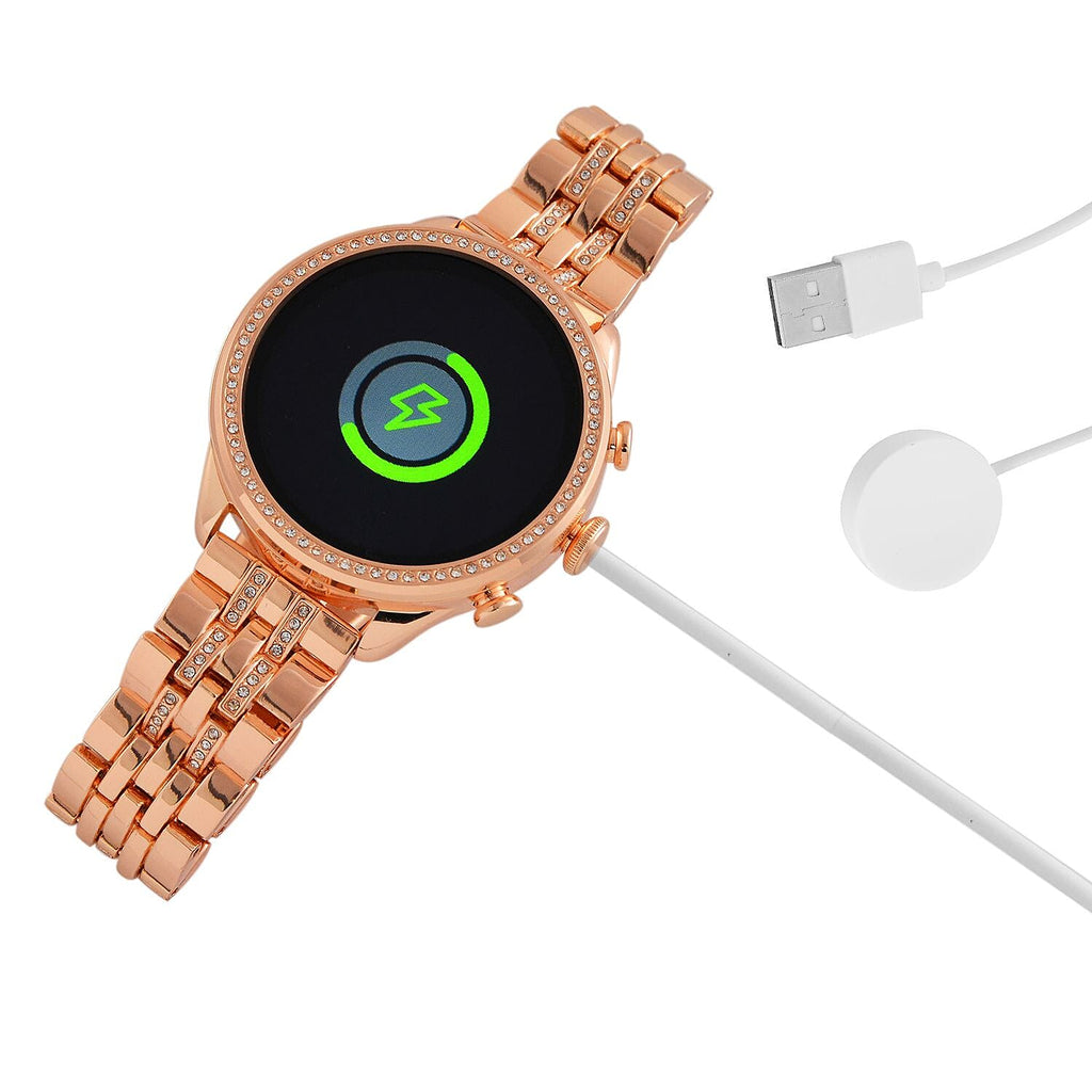 LIQUIDATION DEAL- Rose Gold Dial Crystal Studded Smartwatch with Daily Fit App & 4 Piece Different Spare Straps (Compatible with Android 5, Apple iOS 9 or Above)