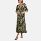 Nova of London Palm Leaf Printed Shirred Waist Stretch Midi Dress (Size L) - Black