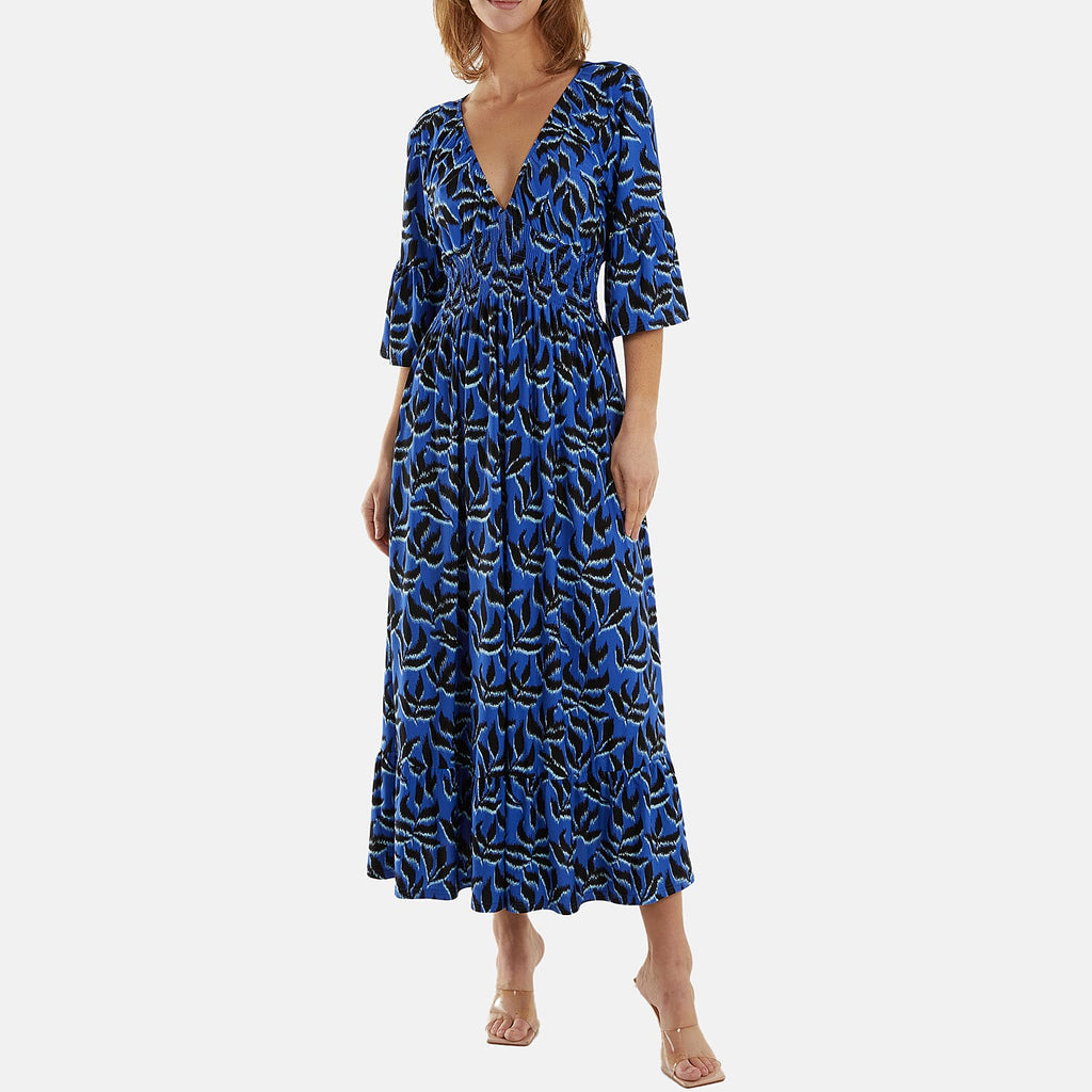 Nova of London Leaf Pattern Shirred Waist V Neck Stretch Dress (Size L) - Blue
